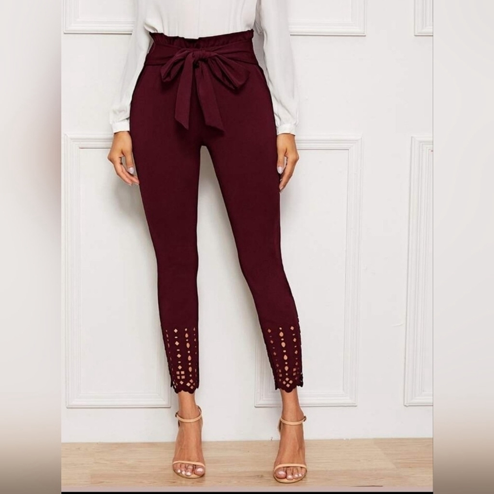 Paperbag Waist Scallop Edge Laser Cut Skinny Pants burgundy